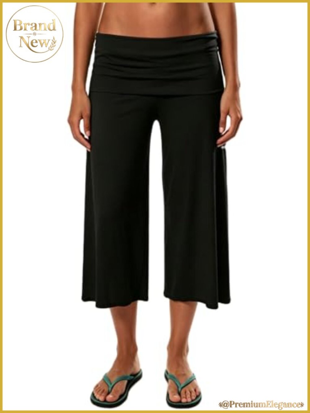 Womens Low Rise Fold Over Wide Leg Gaucho Capri Pants Yoga Active